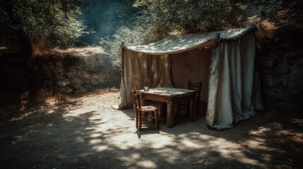 Fototapeta premium Simple wooden table and chairs under a rustic canvas tent in a sun-drenched forest clearing
