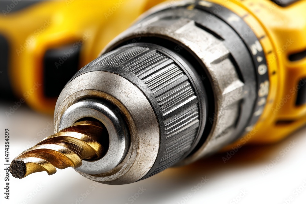 Aufkleber Close-up view of a power drill with a twisted drill bit ready for work on a workshop table