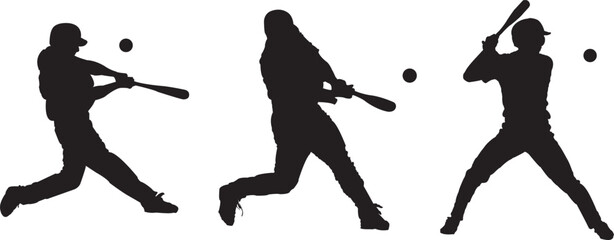 Baseball Batter Silhouettes in Action - Vector Players Hitting Poses