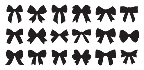 Simple hand drawn black ribbon bow collection. Bowknot for decoration, big set of bowtie. Large retro ribbon illustration set. Set of various cartoon bow knots, gift ribbons. Valentines day. Knot, tie