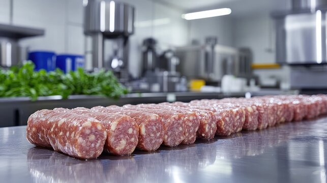 Raw sausages lined up on a stainless steel table in a hygienic meat processing room