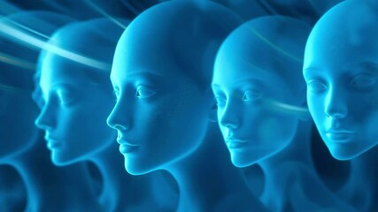 A futuristic display of blue mannequin heads in a row, showcasing advanced design and technology