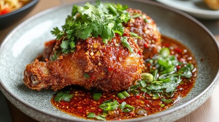 Fototapeta premium Single piece of fried chicken coated in chili sauce on a textured ceramic plate with minimal garnish