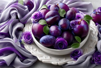 Vibrant Purple Plums Nestled Among Elegant Lavender Roses on Soft Fabric Background, Ideal for Food and Floral Themes in Lifestyle Photography