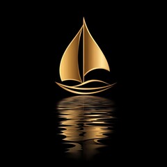 Golden sailboat silhouette reflecting on dark water surface at night