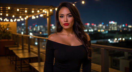 Fototapeta premium Woman with red lipstick in black off-shoulder dress on rooftop terrace with city lights backdrop. Nighttime urban setting creates metropolitan atmosphere for luxury nightlife