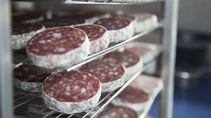 Steel rolling rack full of salami logs in process of air-drying in sterile chamber