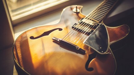 Fototapeta premium Sunlight reflecting off the glossy body of an acoustic guitar placed near a window sill