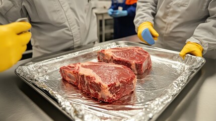 Thick beef steaks laid on metal tray ready for shrink-wrap process