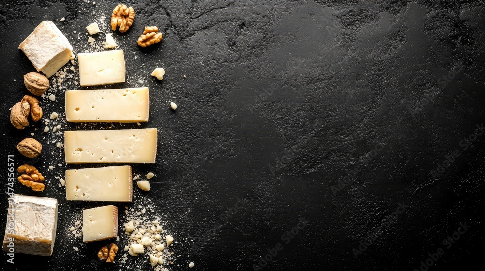 Poster flat lay of cheese slices and whole nuts, beautifully displayed on black rustic background