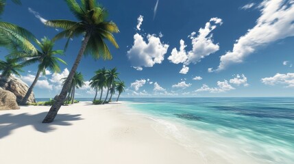 Obraz premium Seaside haven with white sand, brilliant blue ocean, and palm trees leaning gently under sunny skies and floating white clouds