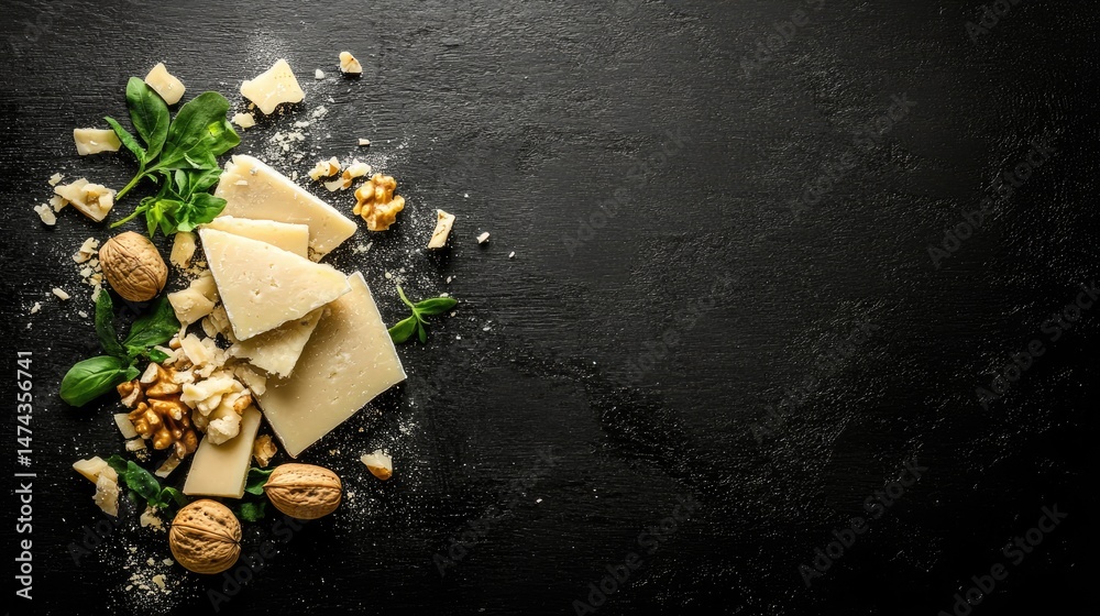 Poster flat lay of cheese slices and whole nuts, beautifully displayed on black rustic background
