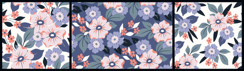 Fototapeta premium Seamless floral pattern, decorative art ditsy print in retro motif. Cute botanical design collection in pastel colors. Large and small hand drawn flowers, leaves, simple bouquets. Vector illustration.