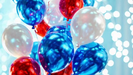 Red Blue And White Balloons With Party Lights On Blurred Background For Festive Decoration And Celebration Visuals. Concept Of Holiday Party Decor, Patriotic Colors, Festive Mood, And Event Styling