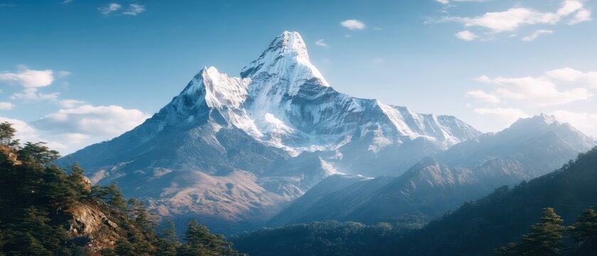Majestic snow-capped mountain peak rises above lush green valleys under a clear blue sky with scattered clouds.