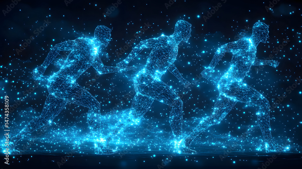 Poster dynamic electric blue figures sprint across a dark, star-dusted backdrop. a modern, energetic scene 
