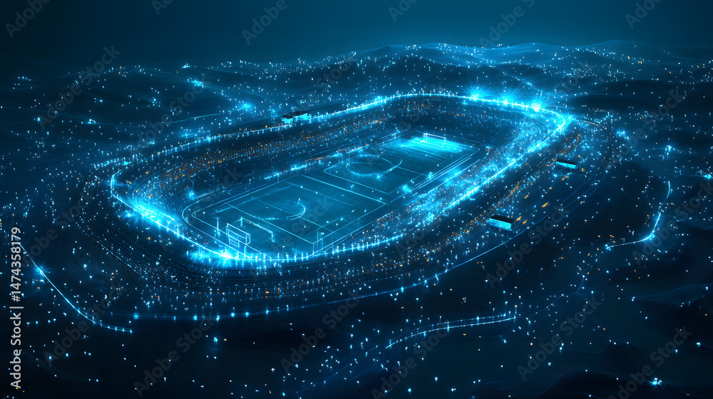 Leinwandbilder futuristic neon-blue stadium showcased within a digital city, radiating technological advancement. t