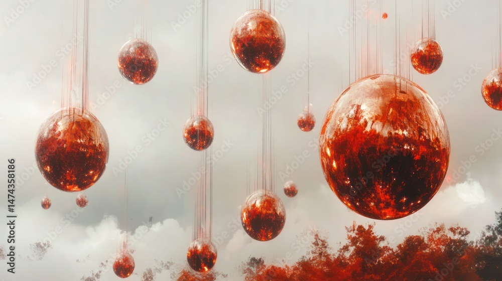 Wall mural red spheres suspended in the sky with wispy clouds and a hazy background
