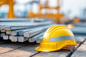 Yellow Hardhat and Steel Bar on Wood Surface