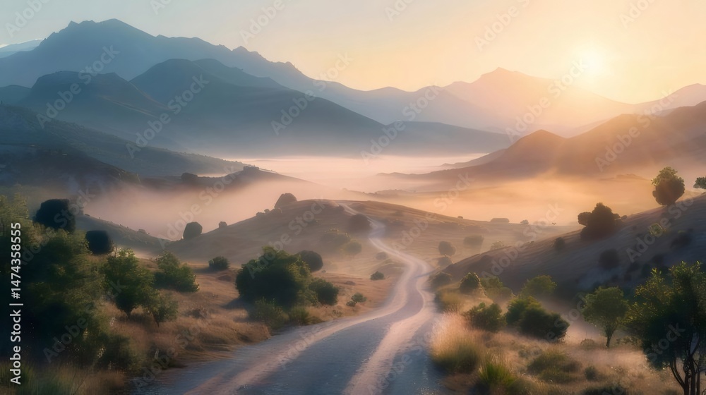Aufkleber 霧がかった谷の曲がりくねった道と背景の山々の日の出の風景写真