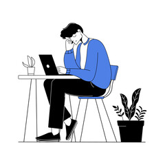 Man Laptop Computer Work Freelance Remote Office Desk Illustration Typing Workspace Homeoffice Digital Technology Internet Modern young man working on laptop at desk in minimalist flat style