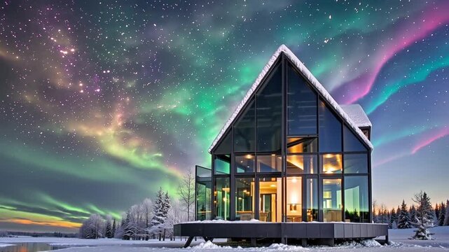 Maison moderne en verre sous une aurore bor&eacute;ale dans un paysage enneig&eacute;