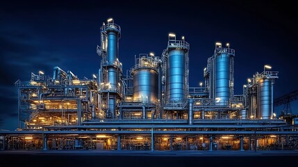 Industrial refinery plant at dusk with metal tanks, pipelines, and bright lights.