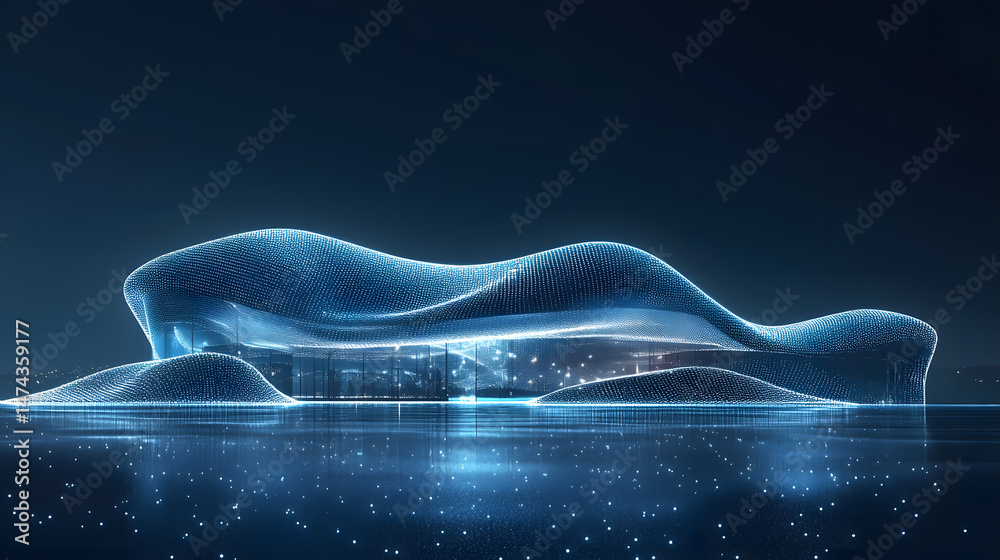 Poster Futuristic glowing building with an undulating design shimmers against a dark blue sky. Reflections on a reflective surface enhance its ethereal beauty. Abstract wireframe in dark blue