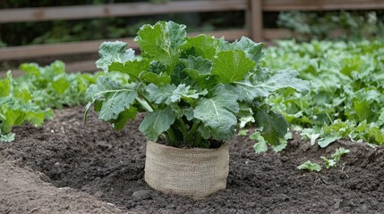 Close-up of a root ball wrapped in burlap beside a freshly dug planting hole
