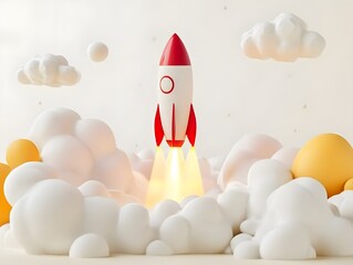 Vibrant 3D Cartoon Rocket Launching Upwards for Playful Space Branding
