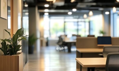Fototapeta premium Modern open-plan office with wooden desks, black chairs, large windows, plants, and hanging lights.