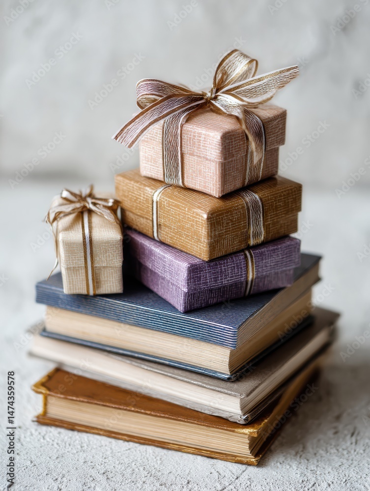 Poster gift boxes arranged on a stack of colorful books at a cozy table corner in a well-lit room