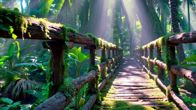 Pont en bois recouvert de mousse dans une jungle luxuriante
