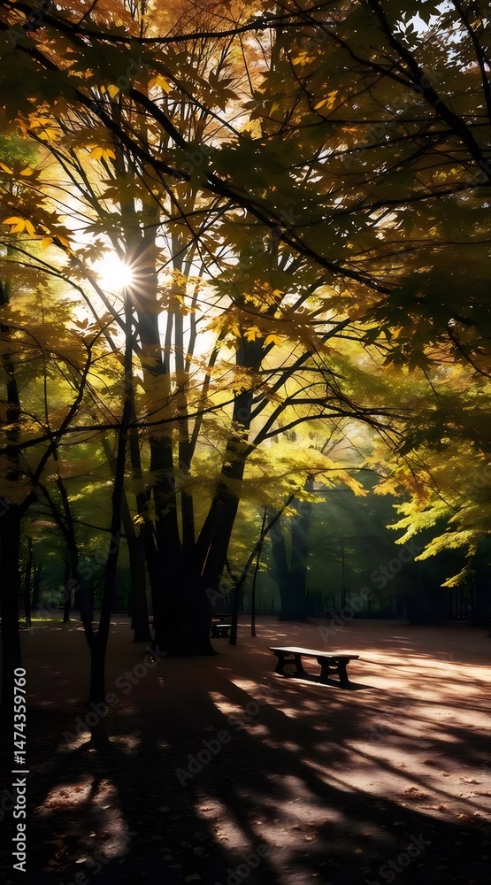 Poster 秋の森 日光が差し込む黄金の葉と木のシルエットが印象的な風景 光のフレアと木のベンチがある自然豊かな公園の情景