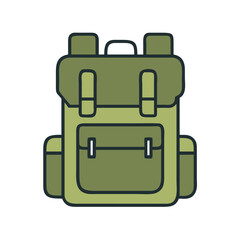 Obraz premium Military style olive backpack with front pockets in flat cartoon vector
