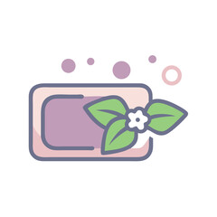 Purple soap bar with leaves and bubbles in cartoon vector style
