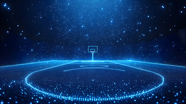 A vibrant, luminous blue basketball court is digitally rendered against a star-filled background, perfect for sports or technology themes. Captivating and modern. Abstract wireframe in dark blue.