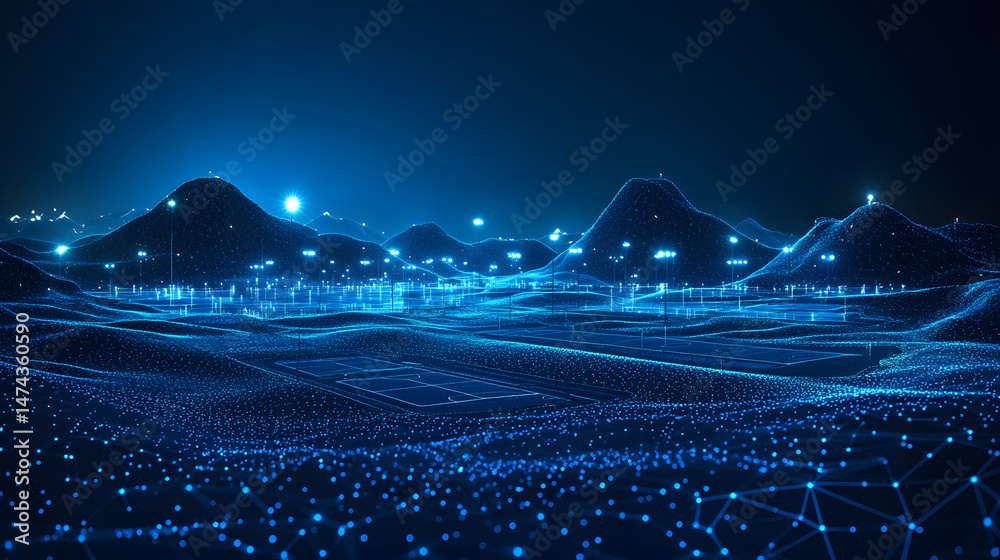 Poster futuristic nighttime cityscape rendered in blue hues. a digital mesh forms a network over tennis cou