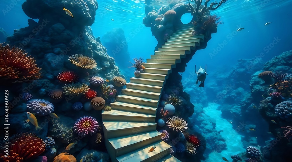 Poster 水中のサンゴ礁を昇る階段と海洋生物の冒険 水色の背景にファンタジーの世界観