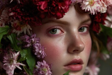 Naklejka premium Close-up portrait of a woman adorned with a floral crown.