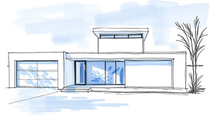 Architectural sketch of modern house with blue accents and tree design