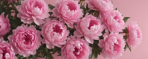 Fototapeta premium Dense cluster of pink peonies on a blush pink backdrop , spring, garden