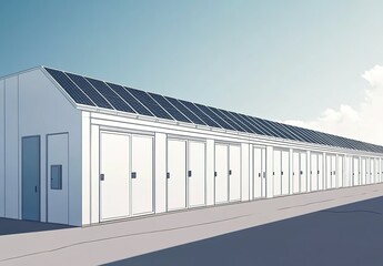 Obraz premium A row of white self-storage units with solar panels on the roof under a partly cloudy blue sky.