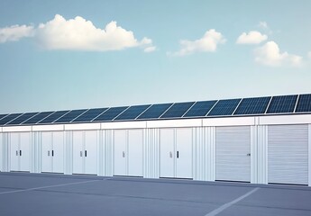 Obraz premium A row of white self-storage units with solar panels on the roof under a partly cloudy blue sky.