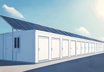 Obraz premium A row of white self-storage units with solar panels on the roof under a partly cloudy blue sky.