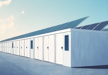 Fototapeta premium A row of white self-storage units with solar panels on the roof under a partly cloudy blue sky.