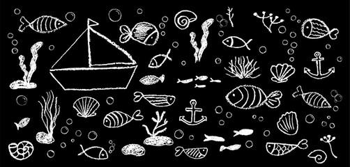 Set of kid doodle fish, seaweed, and bubbles. White pastel wax texture on a black chalkboard background. Cute squiggle art style, like charcoal or crayon, showing an underwater school scene. Vector © A_Y_N