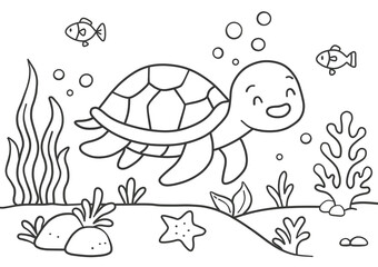Turtle coloring pages for kids. Painting for kindergarten and elementary school children . Children's coloring activity sheet. Cute Illustration to Color.	