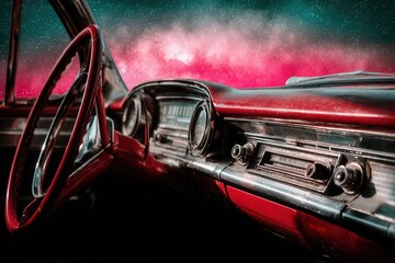 Fototapeta premium Vintage car interior with cosmic background