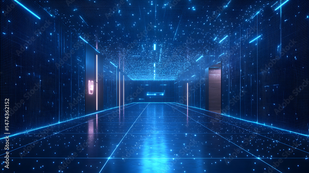 Poster futuristic digital hallway with glowing blue grid and pink accents. a virtual space suggesting techn